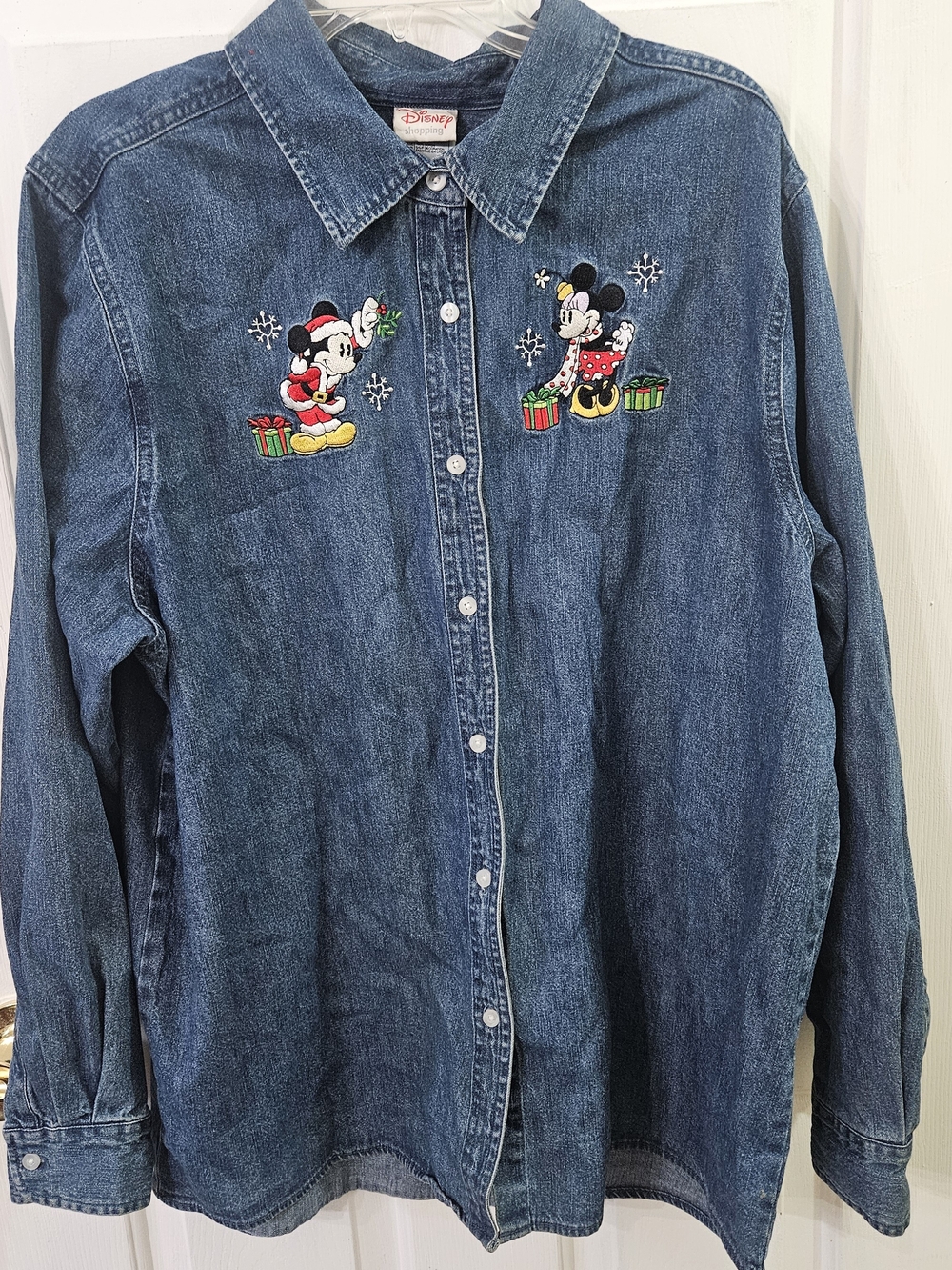 Disney Holiday MickeyMinnie Mouse Christmas EmbroideredButton Up Denim Shirt XXL